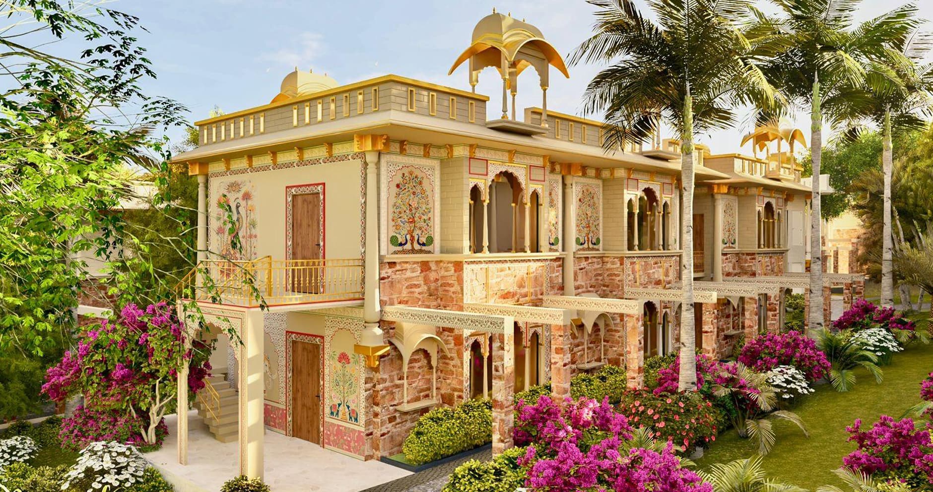 Sonagarh Fort Resort — Heritage villa exterior with Rajasthani murals and bougainvillea gardens