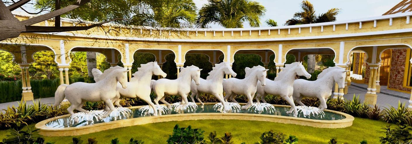 Sonagarh Fort Resort — White horse fountain in the arched courtyard