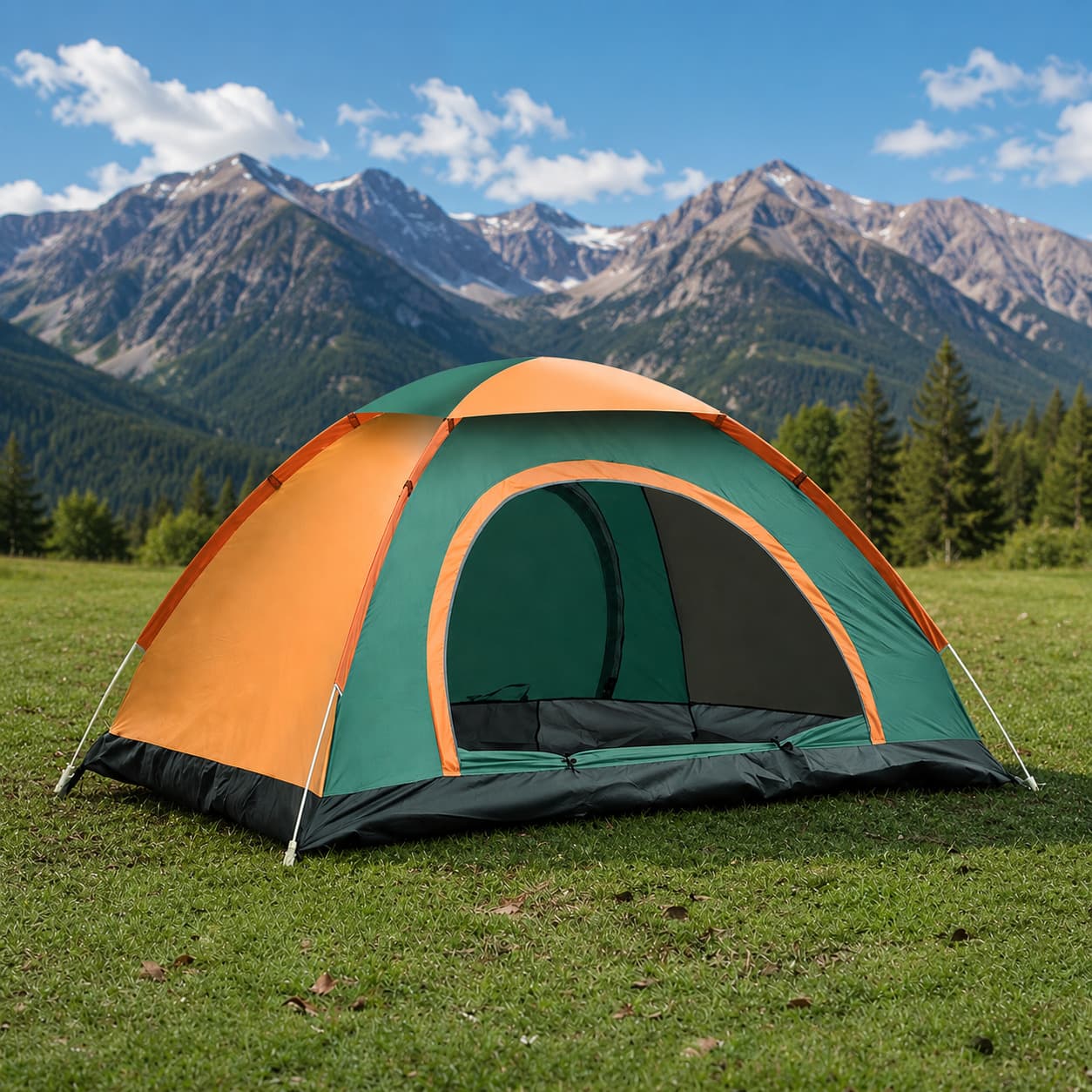 Camping at Sonagarh Fort Resort — Dome tent pitched on open meadow with mountain backdrop