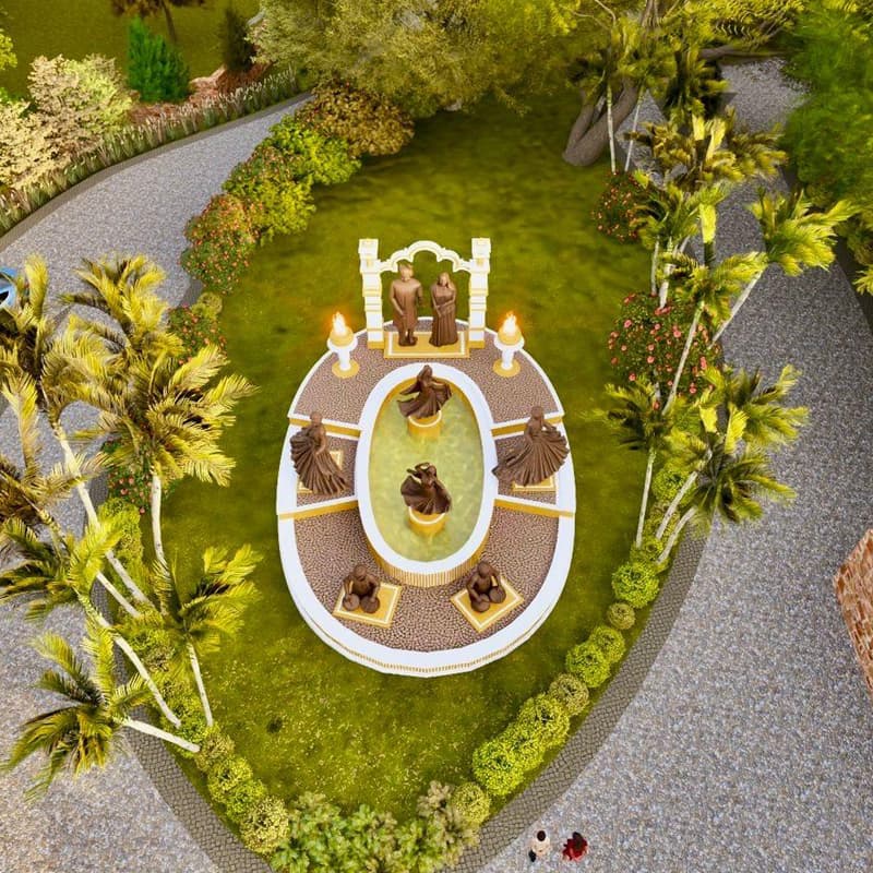 Sonagarh Fort Resort — Aerial view of the sculpture garden and landscaped grounds